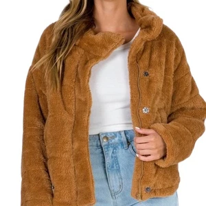 Princess Polly Brown Relaxed Fit Faux Fur Full Zip Snap Teddy Jacket Size 6 - Picture 1 of 13