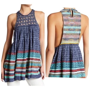 Free People Medium Herz Strick Tunika Top Boho Festival Häkel blau bunt - Bild 1 von 13