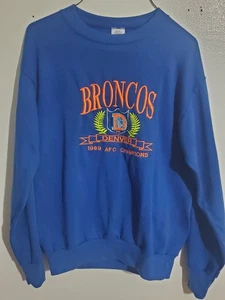 1989 Vintage Denver Broncos Football AFC Champions Blue Sweatshirt Embroidered - Picture 1 of 7
