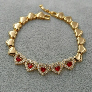 Heart Cut Simulated Red Ruby Women's Gorgeous Bracelet In 14K Yellow Gold Plated - Picture 1 of 7