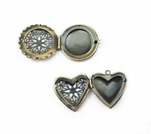 Heart Locket Pendant Antiqued Bronze Circle Photo Frame Jewelry Making Set 2pcs - Picture 1 of 3