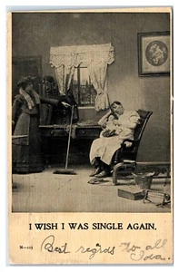 Comic Ich wünschte, ich wäre wieder Single Mann mit Babyhumor um 1907 Postkarte - Bild 1 von 1