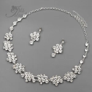 Rhodium Plated Clear Crystal Necklace Earrings Bridal Wedding Jewelry Set 9839 - Picture 1 of 6