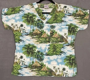 Vintage 1990s Scrubs V-Neck Short Sleeve Hawaiian Print Top Size S aloha friday - Picture 1 of 7