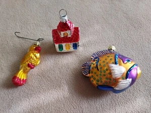 Weihnachtsschmuck Konvolut 3 mundgeblasene Glas gelber Vogel, Kirche, bunte Fische - Bild 1 von 4