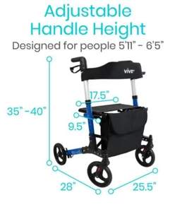 FOLDABLE TALL ROLLATOR SERIES T, 35"-40", ALUMINUM, 300LBS, BLUE FDA VIVE HEALTH - Picture 1 of 9