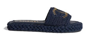 Chanel 21C Navy Blue Cord Gold Chain CC Logo Mule Slide Slip On Sandal Flat 35 - Picture 1 of 12