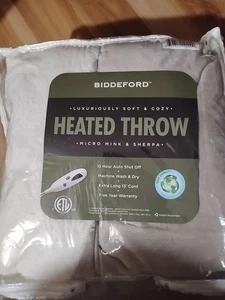 Biddeford Heated Throw - Micro Mink And Sherpa (Linen Color) Brand New - Picture 1 of 4
