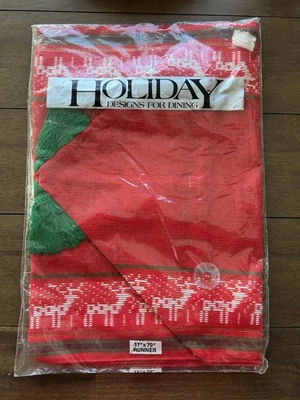 Sunweave Reindeer Christmas Table Runner Red 17” X 70” NOS VTG Holiday Designs - Image 1 of 4