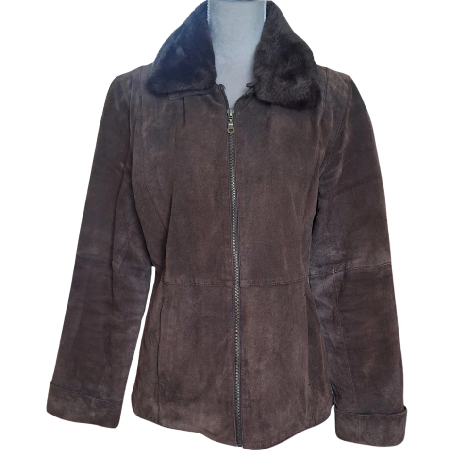 Otoño Boho Chic Chaqueta Cuello de Piel Sintética Plateado Zorro Marrón Gamuza Cuero Chaqueta Talla M Foto 1 de 4