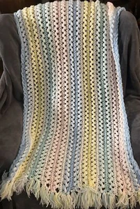 Handmade Crochet Baby Blanket Pastel Light Afghan Fringe Throw Gift Idea - Picture 1 of 6
