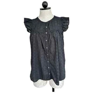Madewell Eyelet Ruffle Sleeve Bib Top Black  Button Down Cap Sleeve Size Medium - Picture 1 of 12