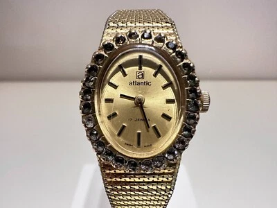 VINTAGE RARE LUXURY GOLD PLATED LADIES MECHANICAL WATCH "ATLANTIC" WITH STONES - Image 1 of 4