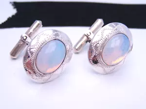 Vintage Retro Mexican Sterling Silver Engraved Glass Moonstone Cufflinks Mexico - Picture 1 of 8