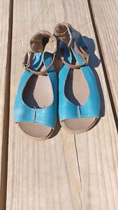 LILI MILL Blue Leather Ankle Strap Open Toe Flats Shoes Womens 7.5 EU 38 (6)