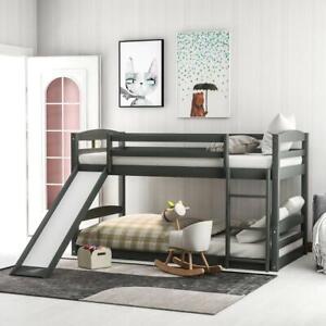 Twin over Twin Low Bunk Bed with Slide and Ladder for Kids Adults Dorm Bedroom