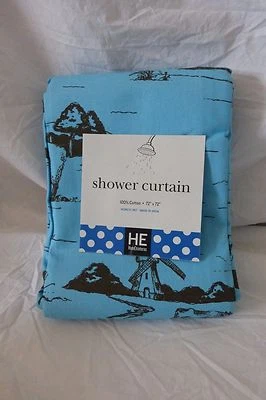 HE HomEtceteras Blue & Brown Fabric Shower Curtain 72" x 72" NIP - Image 1 of 4