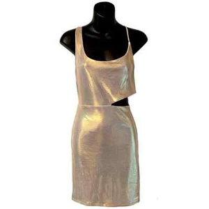 Crystal Doll Gold Shimmer Metallic Cut Out Mini Dress New With Tags Size Lg - Picture 1 of 5