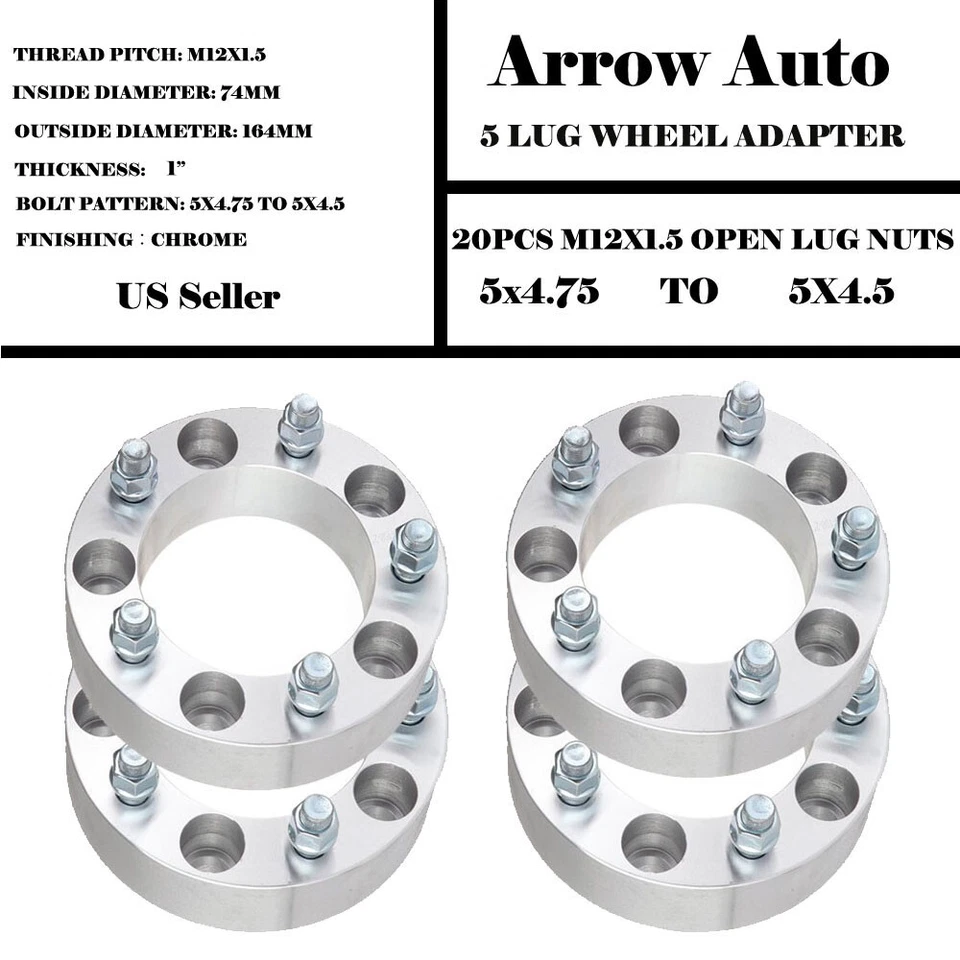 4pcs 1" inch 5x4.75 to 5x4.5 Wheel Adapters 12x1.5 Studs 5Lug 74mm Hub GMC Chevy - Image 1 of 1