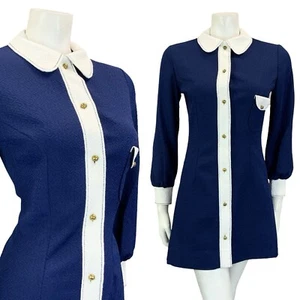 VTG 60S NAVY BLUE WHITE MOD SCOOTER COLOUR BLOCK ROUND COLLAR SHIRT DRESS 8 - Picture 1 of 10