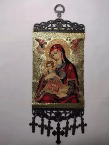 Mary and Jesus Tapestry Hanging Woven With Metal Religious Orthodox Catholic - Picture 1 of 4