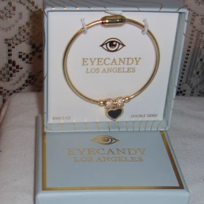 BRAZALETE CORAZÓN NEGRO Y BLANCO CARA LATÓN CIRCONITA NEGRO ÓNIX MADREPERLA NUEVO EN CAJA Foto 1 de 3