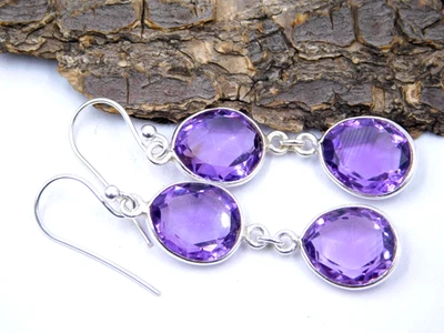 4.60 GM 925 Argento Sterling Naturale Ametista Taglio Gemma Orecchino 4.7cm - Immagine 1 di 4