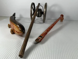 Vintage & Antique Tin and Wood Toys Saxaflute, Pullable Swim Fish, Bell/Gong - Picture 1 of 17