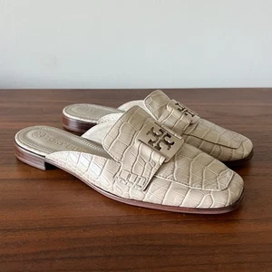 Tory Burch Croc Cuero Repujado Mulas Diapositivas Beige Logo Hebilla Talla 8.5M - Imagen 1 de 8