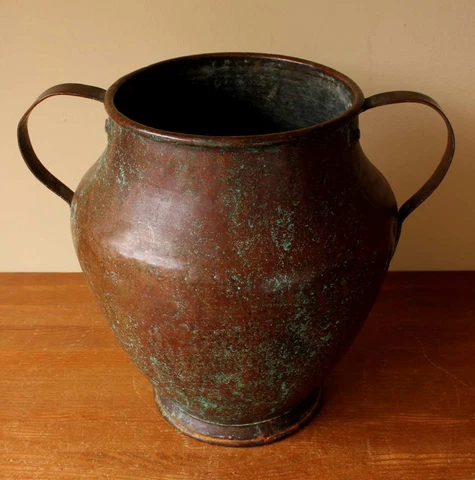 Large Copper Planter. Greek Urn Shape Handled Pot. Patina Verdigris.19th Century Cover