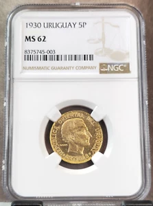 1930 URUGUAY GOLD 5 PESOS CONSTITUTION CENTENNIAL NGC MS 62 SCARCE GREAT COIN - Picture 1 of 3