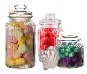 3x Bonbon-Gläser mit Glas-Deckel Bonboniere Süßigkeiten Candy Bar Keksdosen Set