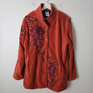 Bob Mackie Wearable Art Size M Burndt Orange Fleece Embroidered Jacket - Picture 1 of 10