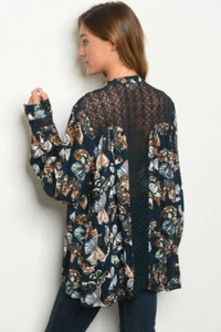 Women's Long Sleeve Relaxed Fit Black Lace Tunic Blouse Top - Picture 1 of 2