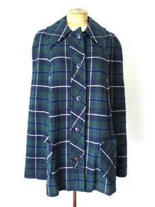 Vtg 60s Pendleton Azul Verde Tartán Manta a cuadros Tweed Botón Cape Armholes M - Imagen 1 de 8