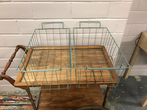 PAIR TURQUOISE VINTAGE METAL FREEZER BASKETS WITH HANDLES 24 X 11 1/4 X 9 3/4” Cover