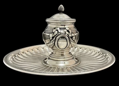 Antiguo tintero francés único de plata de ley en bandeja con sello de finales del siglo XIX Foto 1 de 4