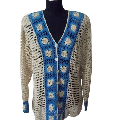 STORYBOOK KNITS Azul y Caqui Suelto Crochet Cárdigan Suéter con Cuentas Talla L Foto 1 de 4