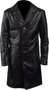 Men's Piano Black 3/4 Long Length Buttoned Lambskin Jacket Leather Trench Coat - Picture 1 of 5