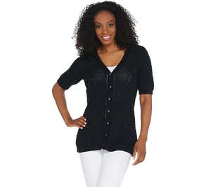 isaac mizrahi XS Black pointelle Sweater V neck button front cardigan - Picture 1 of 4