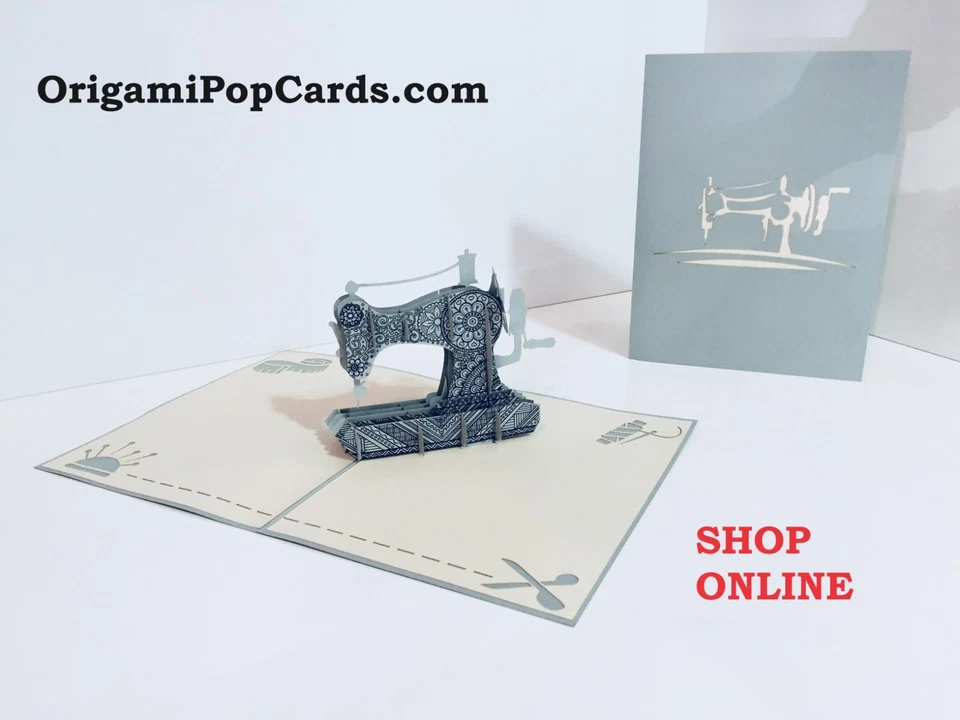 ОРИГАМИ POP CARD Серебряный серый швейная машина 3D всплывающий ручной работы с любовью карта - Изображение 1 из 4