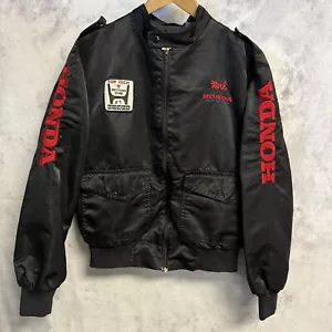 Vintage Honda Racing Jacket Mens Medium Black Satin Full Zip Hondaline 80s - Picture 1 of 14