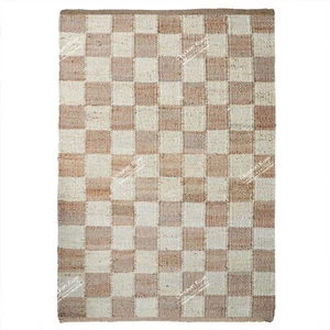 Indian Handwoven Hemp Jute Rug Beige With White Design Vintage Dhurrie Decor Rug - Picture 1 of 19