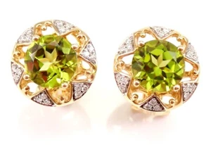 0.72ct Natural Round Diamond 14k Solid Yellow Gold Peridot Wedding Stud Earrings - Picture 1 of 5