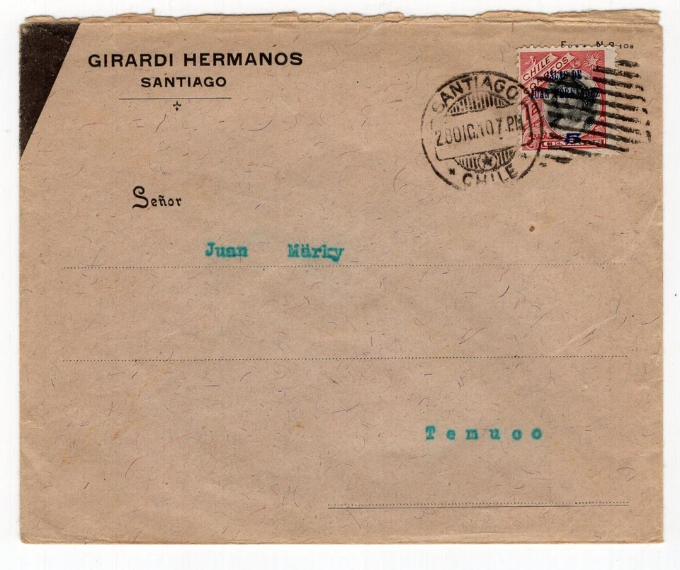 Chile 1910 Santiago a Temuco escaso sello ISLAS DE JUAN FERNADEZ 5c en portada Foto 1 de 1