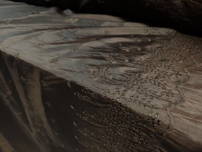 Taft Kunstseide Stoff, Meterware - floral bestickte Bordüre - dunkelbraun - Bild 1 von 4