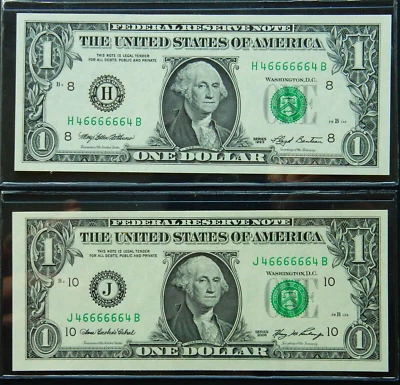 $1 Series 1993, 2006 Fancy radar binary serial 46666664, two notes same serial! - Image 1 of 2