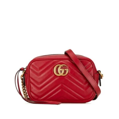 AUTH GUCCI SHOULDER BAG GG MARMONT QUILTED MINI CHAIN 448065 LEATHER RED WOMEN'S - Image 1 of 4