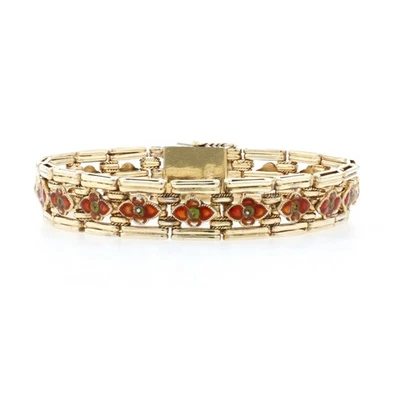 Pulsera de eslabones florales vintage esmaltada naranja y verde de ley 7" - 925 Vermeil Foto 1 de 4