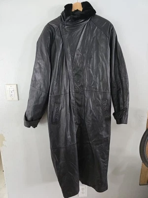 LUCKY LEATHER Retro DE COLECCIÓN GABARDINA DE CUERO LARGO Rur Trim Chaqueta con cinturón XXL Foto 1 de 4